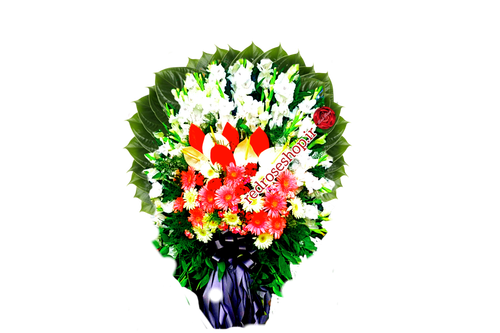 تاج-گل-ترحیم-یک-طبقه-اوریناال-قرمز-صورتی-داوودی-سفید