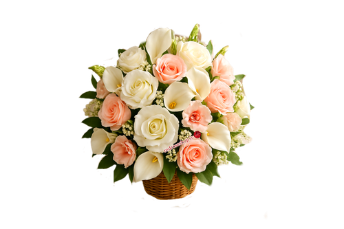 سبد-گل-مصنوعی -گرد-هدیه-گل-رز-صورتی-گلبهی-گل-شیپوری-سفید