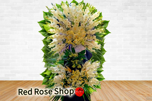 تاج-گل-ترحیم-دو-طبقه-گلایل-آنتوریوم-داوودی-سفید-برگ-سبز-تزیینی