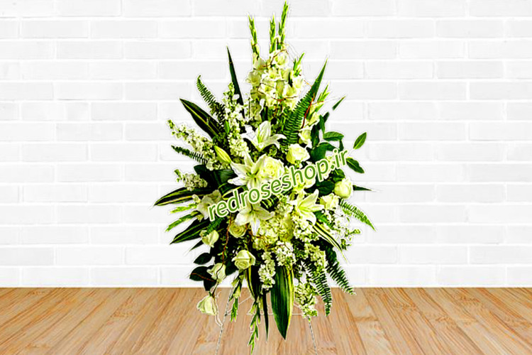 تاج-گل-یک-طبقه-گلایل-اورینتال-رز-شبو-سفید-برگ-سبز