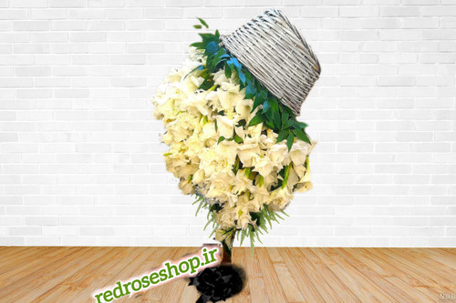 سبد-سفید-پایه دار-وارونه-ترحیم-گل-گلایل-سفید-برگ-سبز-تزیینی