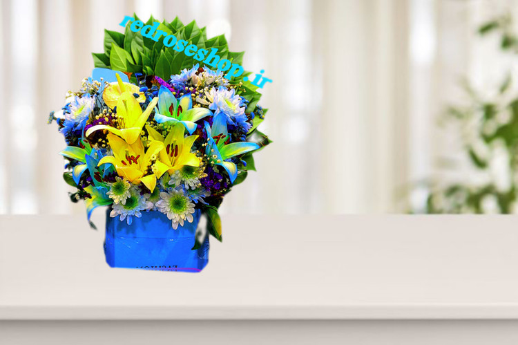 باکس-گل-لیلیوم-اوریناال-آبی-زرد-داوودی-سفید