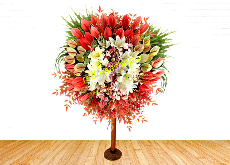 تاج-گل-جشن-آنتوریوم-صورتی-سفید-اورینتالسفید-لیسین توس-صورتی-یک-طبقه-برگ-تزیینی-سبز-قرمز