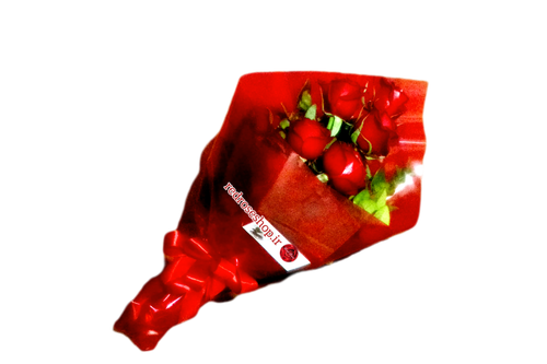 دسته-گل-یکطرفه-رز-پنج-شاخه-قرمز-بسته بندی-قرمز-روبان-ساتن-قرمز