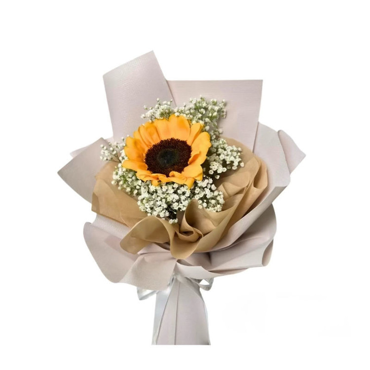 دسته-گل-تک-شاخه-افتابگردان-ژیپسوفیلا-کاغذ-سفید-شیری-روبان-سفید