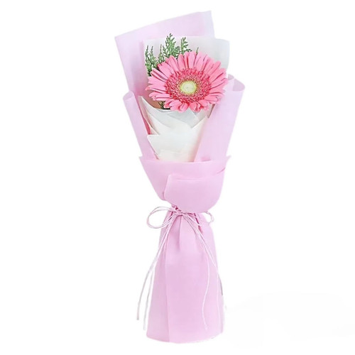دسته-گل-تک-شاخه-ژربرا-صورتی-کاغذ-صورتی-روبان-صورتی