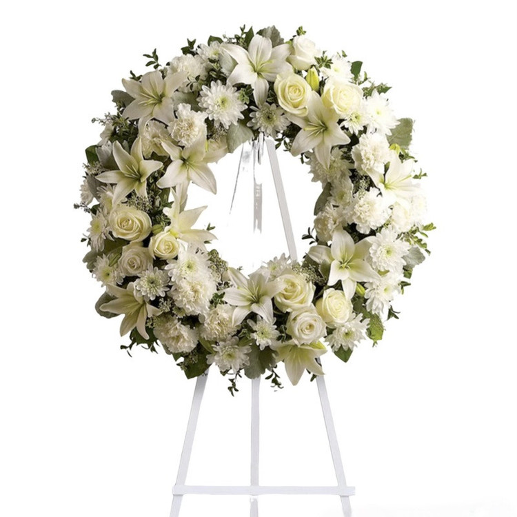 تاج-گل-ترحیم-گرد-سفید-رز-اورینتال-داوودی-یک-طبقه-پایه-چوب-سفید