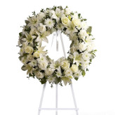 تاج-گل-ترحیم-گرد-سفید-رز-اورینتال-داوودی-یک-طبقه-پایه-چوب-سفید