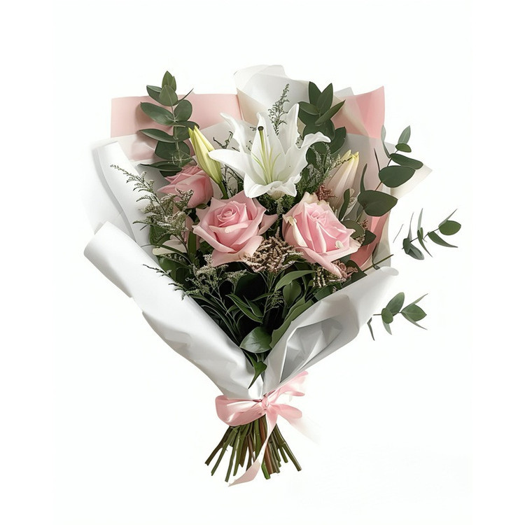 دسته-گل-ساده-اورینتال-لیلیوم-سفید-رز-صورتی-بسته بندی-سفید