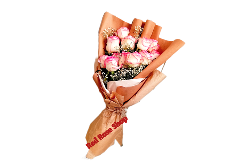 دسته-گل-رز-لب-صورتی-۱۲-شاخه-بستهبنذی-کاغذکاهی