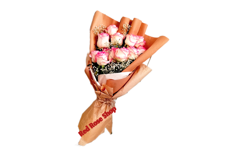 دسته-گل-رز-لب-صورتی-۱۲-شاخه-بستهبنذی-کاغذکاهی