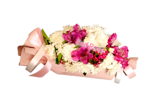 باکس-گل-هدیه-شکلاتپیچی-لیسینتوس-داوودی-السترومریا-سفید-صورتی-