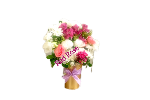 باکس-گل-مینیمال-طلایی-لیسینتوس-سفید-صورتی-آلسترومریا-بنفش-داوودی-سفید