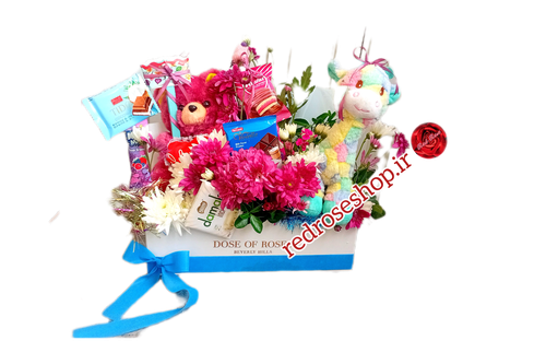 باکس-گل-داوودی-هدیه-عروسک-خرس-زرافه-پولیشی-شکلات-