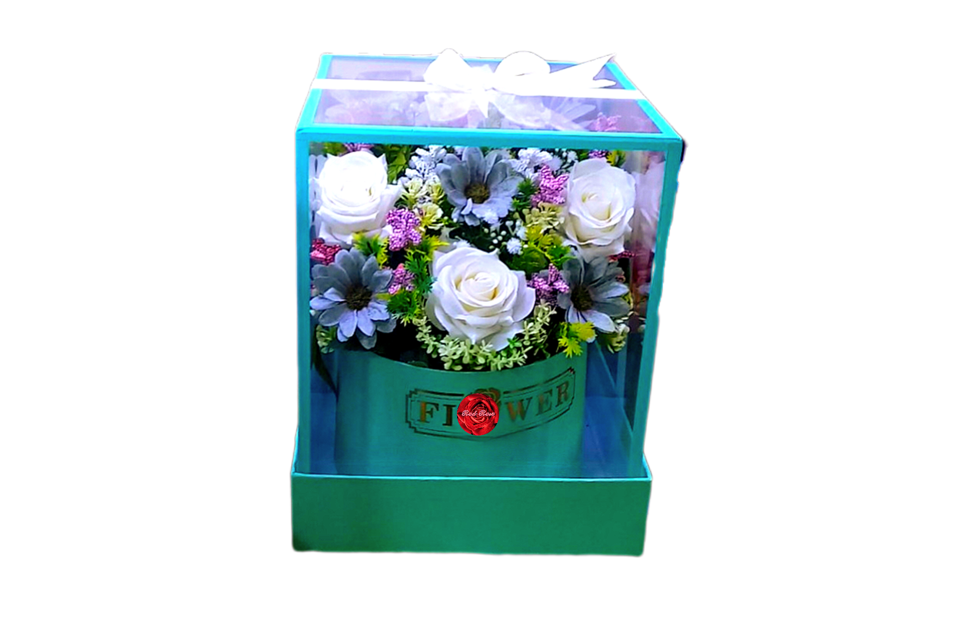 گل -مصنوعی-رز-سفید-بابونه-ابی-باکس-شیشه ای-هدیه