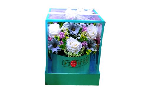 گل -مصنوعی-رز-سفید-بابونه-ابی-باکس-شیشه ای-هدیه