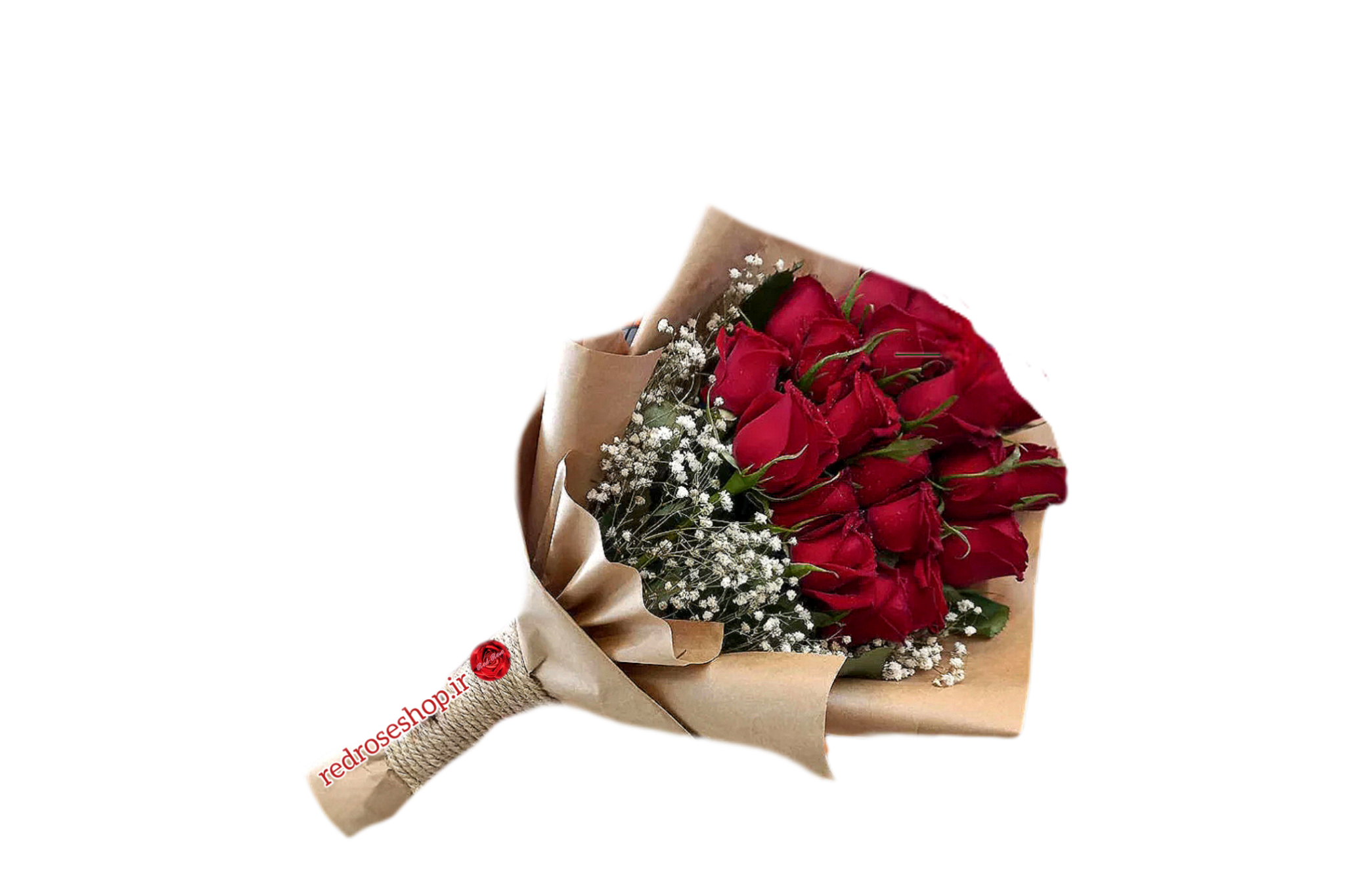 دسته-گل-20-شاخه-رز-قرمز-ژیپسوفیلا-تزیین-یکطرفه-کاغذ-کاهی