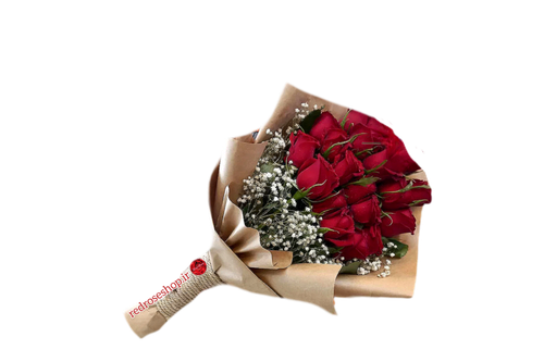 دسته-گل-20-شاخه-رز-قرمز-ژیپسوفیلا-تزیین-یکطرفه-کاغذ-کاهی